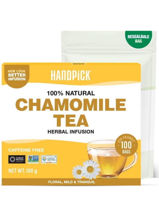 HANDPICK, Organic Chamomile Tea Bags (100 Herbal Tea Bags) Caffeine Free| Premium Floral Chamomile Herbal Tea in Eco-Conscious Teabags | Direct from Source - Image 1